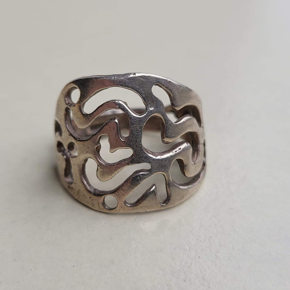Vintage Abstract Openwork Ring Size 7.5 925 Silver Organic Cutout Statement - Picture 2 of 7